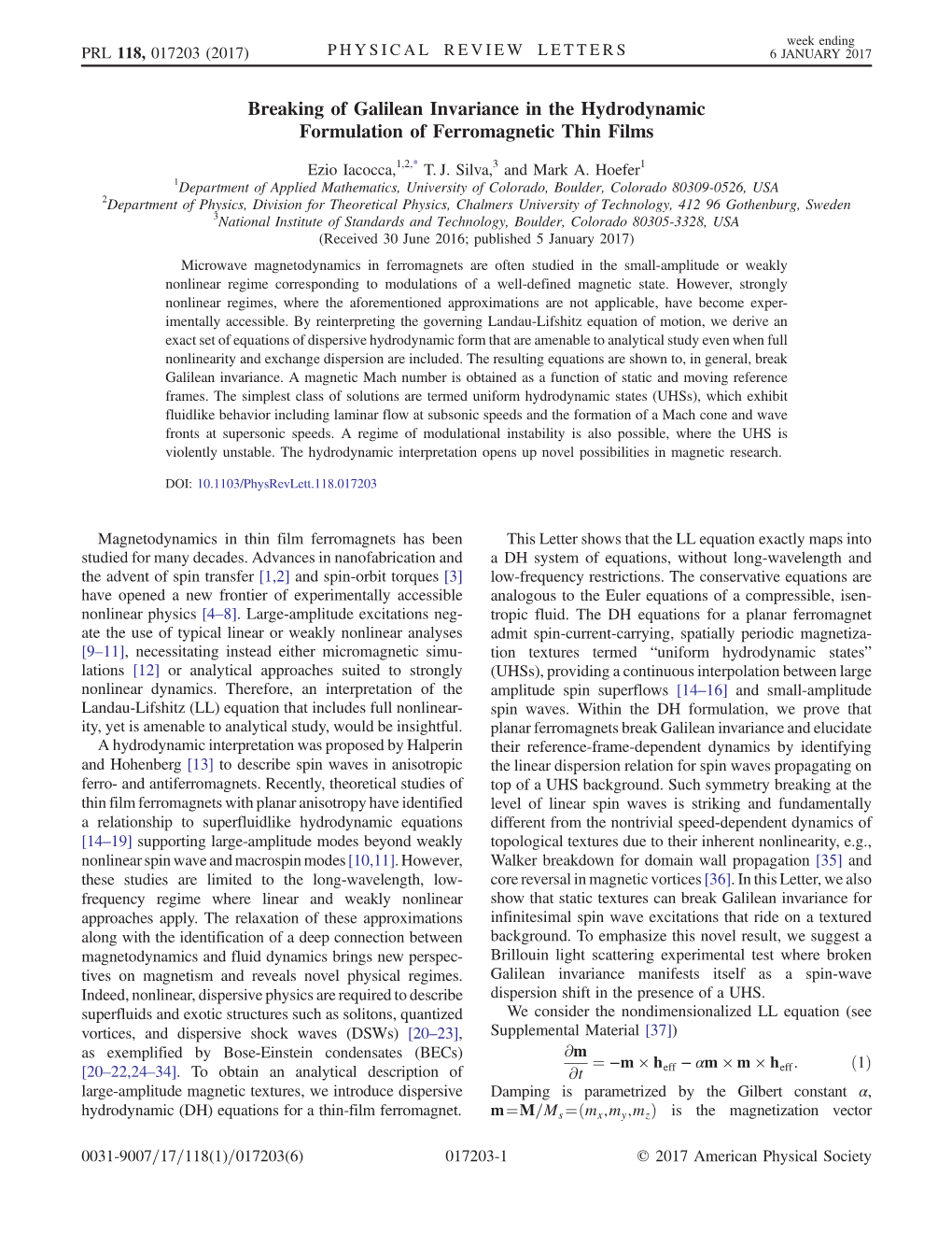 Breaking of Galilean Invariance in the Hydrodynamic Formulation of Ferromagnetic Thin Films