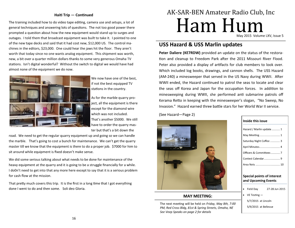 Ham Hum May 2015 Volume LXV, Issue 5 Outages