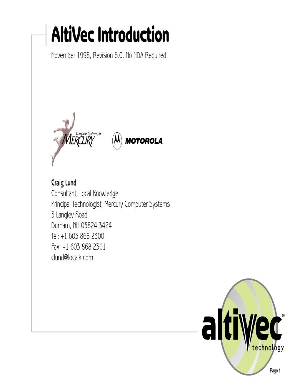 Altivec Introduction November 1998, Revision 6.0, No NDA Required