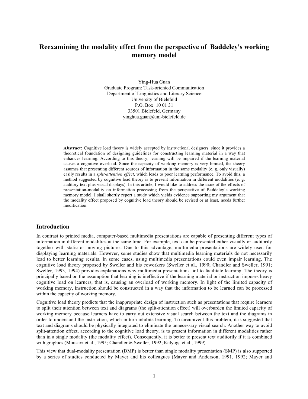 Reexamining the Modality Effect from the Perspective of Baddeley's Working Memory Model