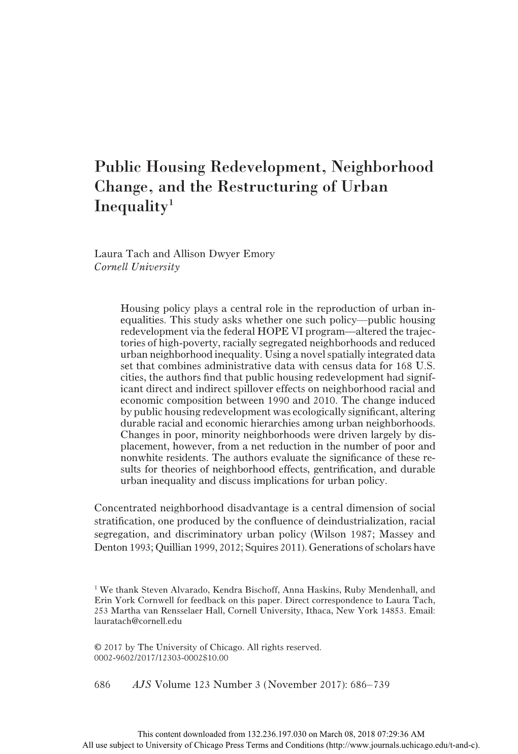 Public Housing Redevelopment, Neighborhood Change, and the Restructuring of Urban Inequality1