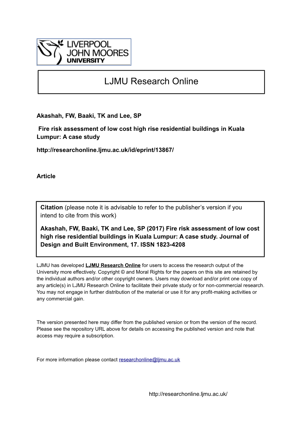 Fire Risk Assessment of Low Cost High Rise Residential Buildings in Kuala Lumpur: a Case Study