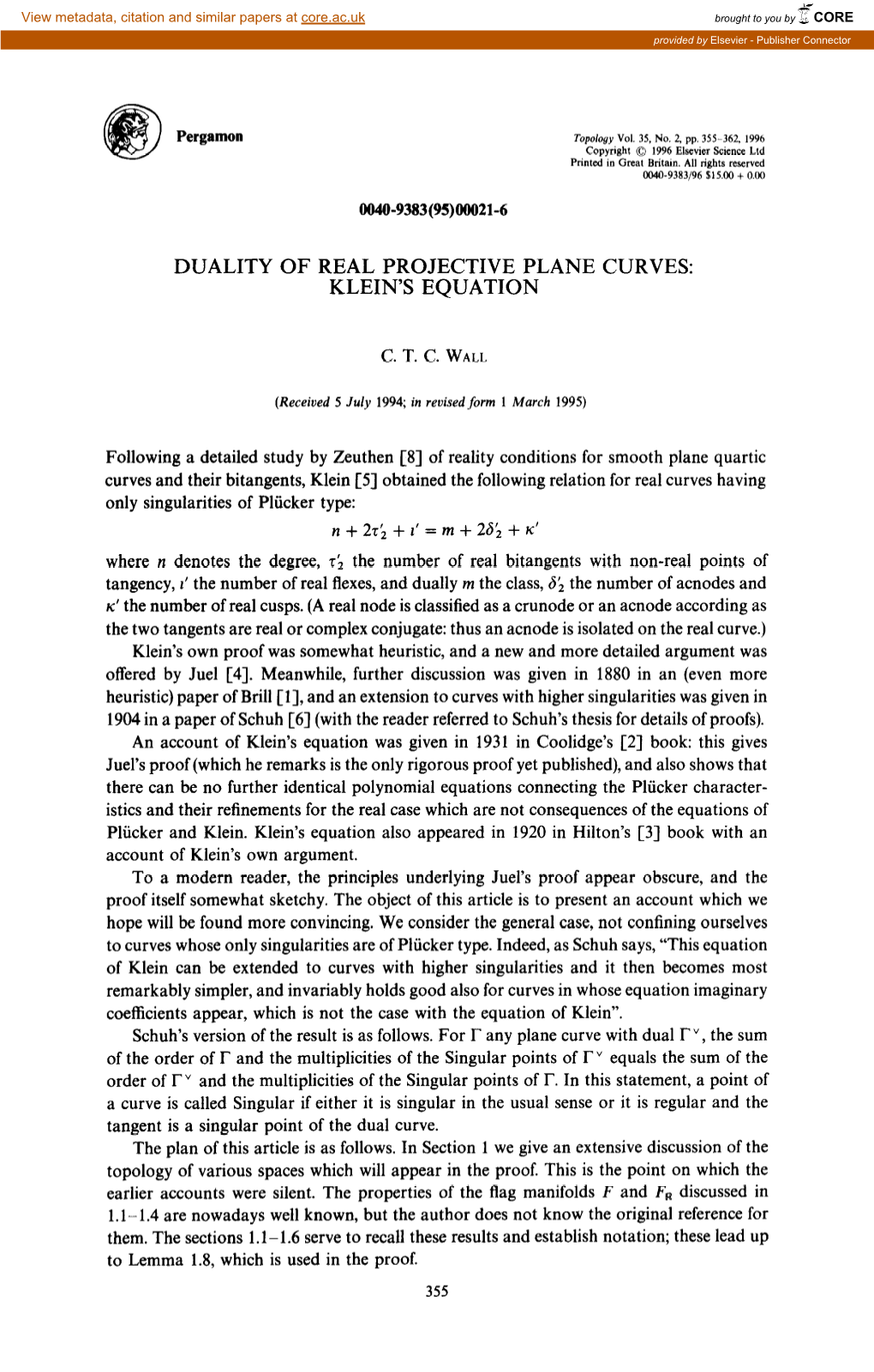 Duality of Real Projective Plane Curves: Klein’S Equation