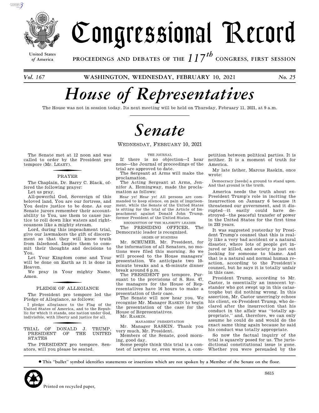 Congressional Record United States Th of America PROCEEDINGS and DEBATES of the 117 CONGRESS, FIRST SESSION