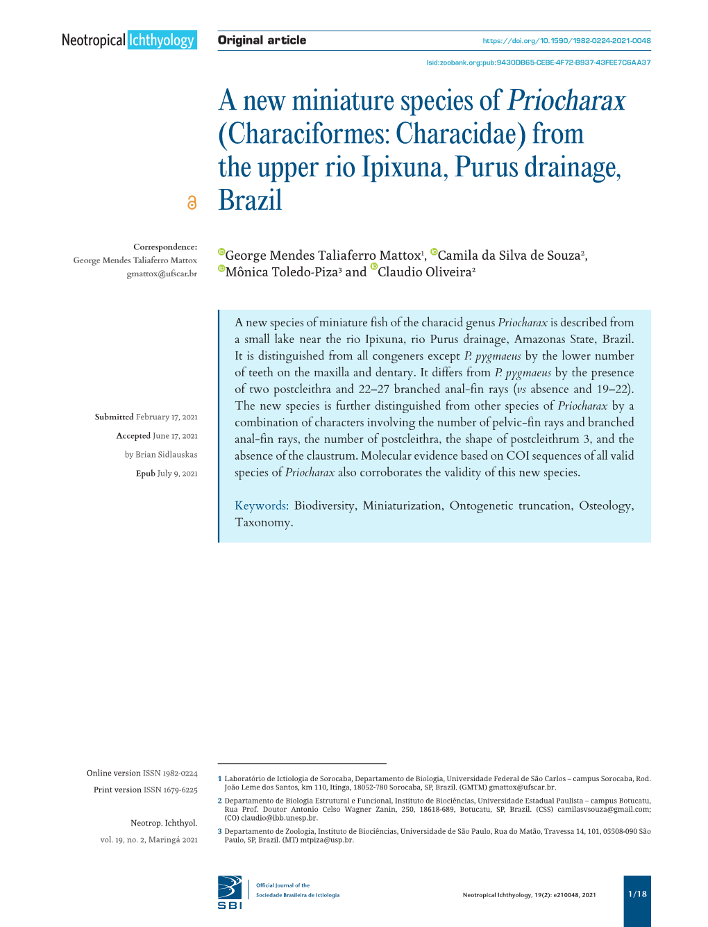 A New Miniature Species of Priocharax (Characiformes: Characidae) from the Upper Rio Ipixuna, Purus Drainage, Brazil