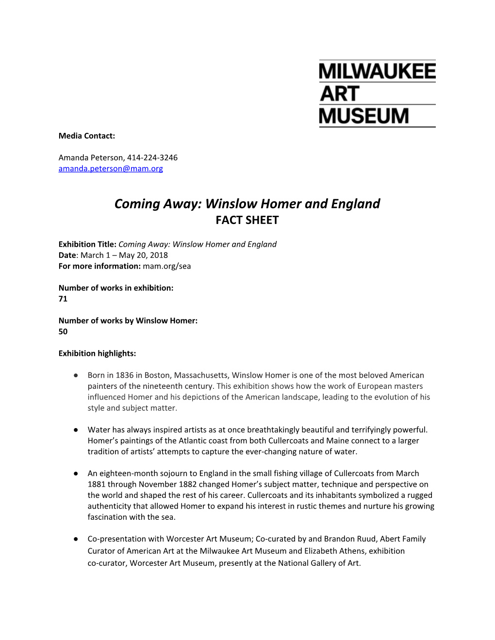 Winslow Homer and England FACT SHEET