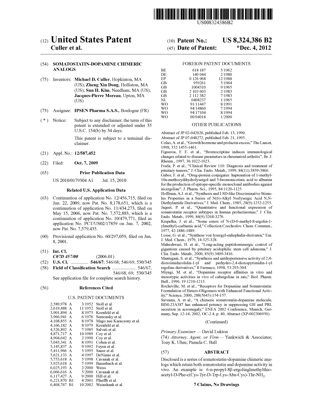 (12) United States Patent (10) Patent No.: US 8,324,386 B2 Culler Et Al