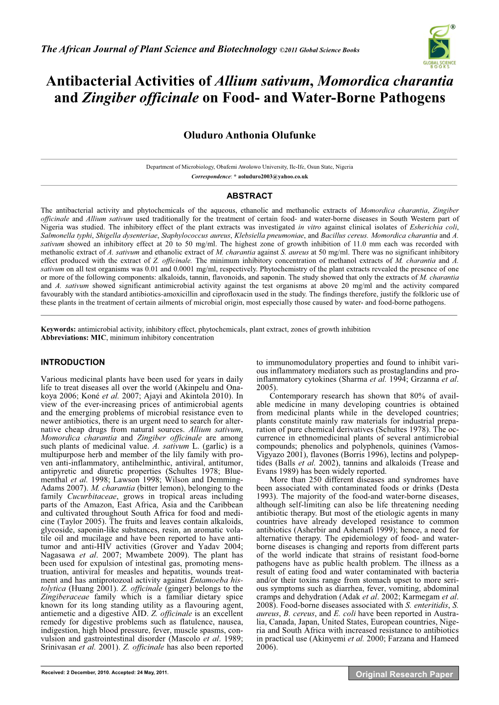 Antibacterial Activities of Allium Sativum, Momordica Charantia and Zingiber Officinale on Food- and Water-Borne Pathogens