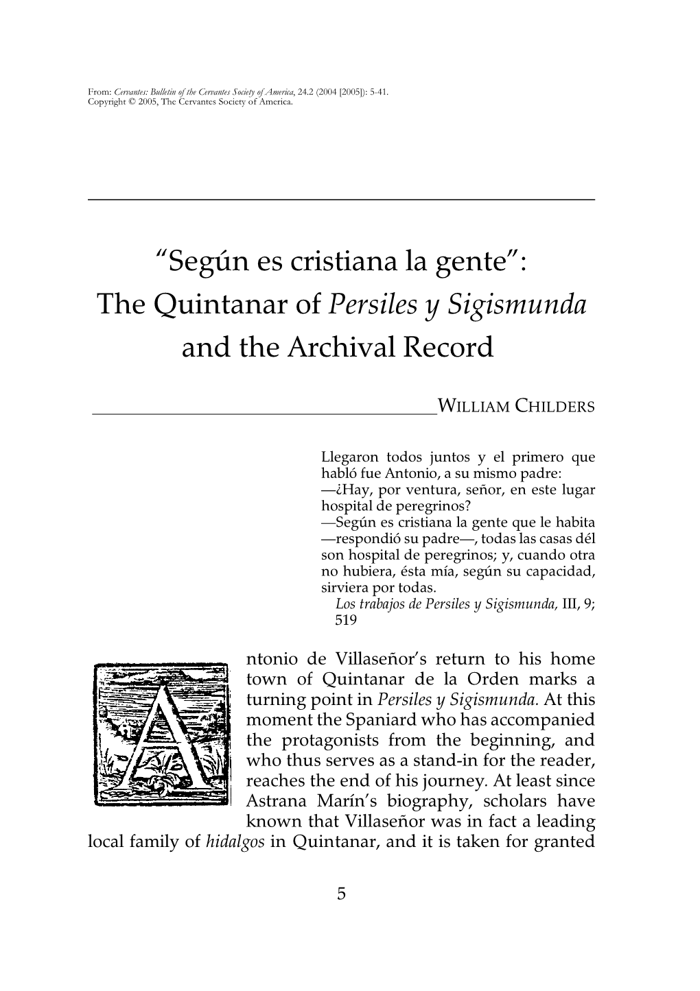 Según Es Cristiana La Gente”: the Quintanar of Persiles Y Sigismunda and the Archival Record