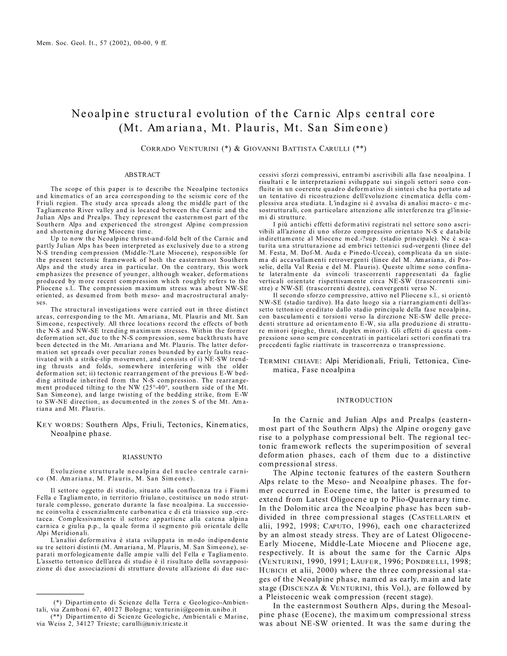 Neoalpine Structural Evolution of the Carnic Alps Central Core (Mt