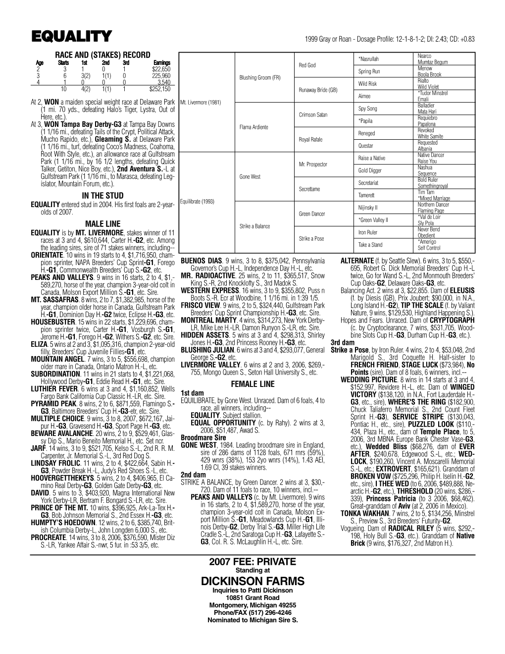 EQUALITY 1999 Gray Or Roan - Dosage Profile: 12-1-8-1-2; DI: 2.43; CD: +0.83