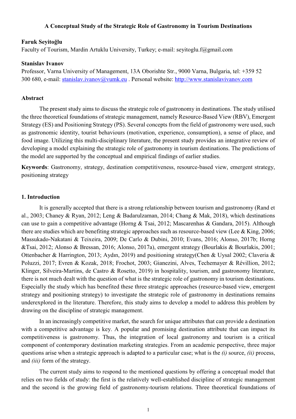 A Conceptual Study of the Strategic Role of Gastronomy in Tourism Destinations