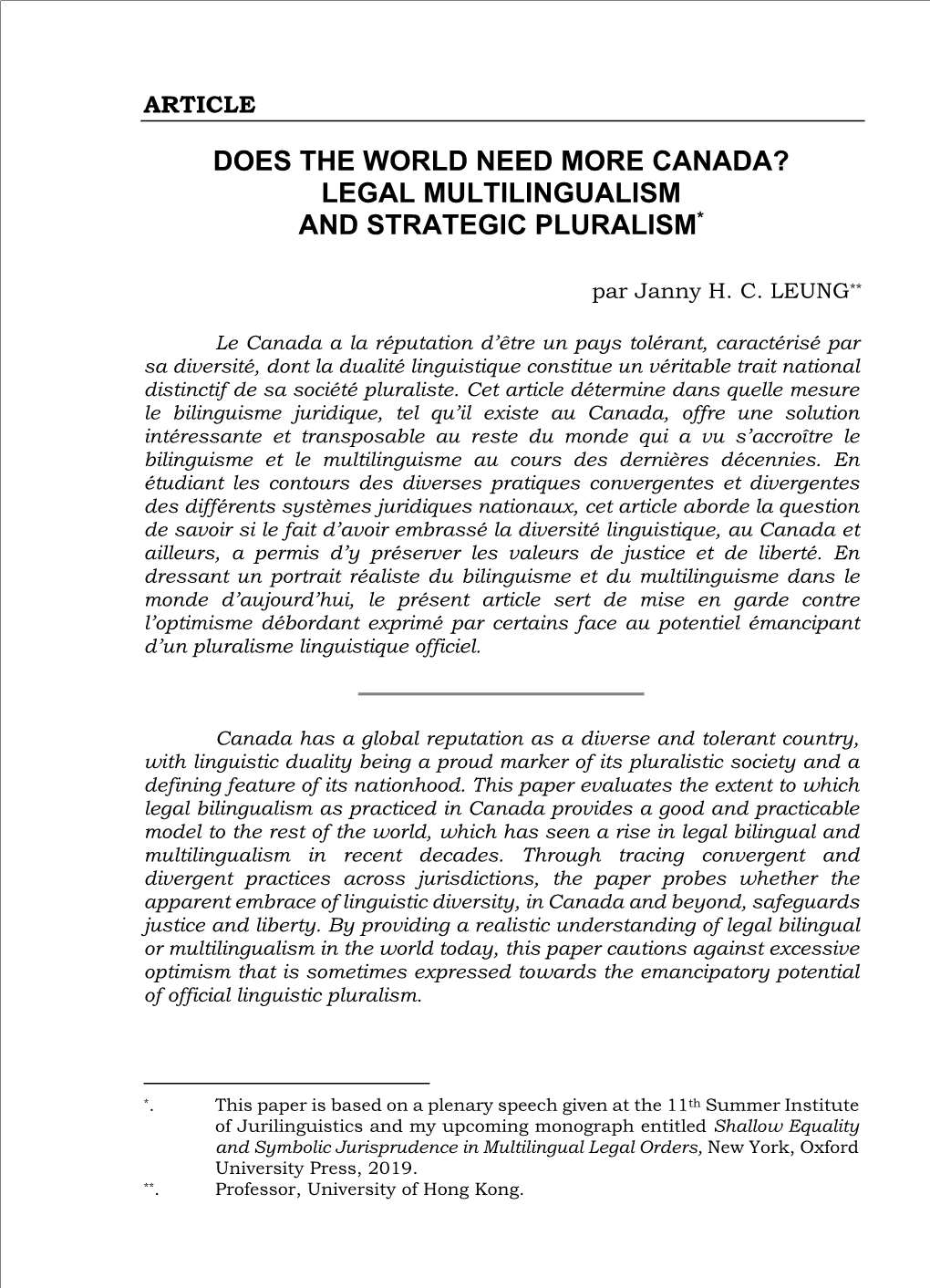 Does the World Need More Canada? Legal Multilingualism and Strategic Pluralism*