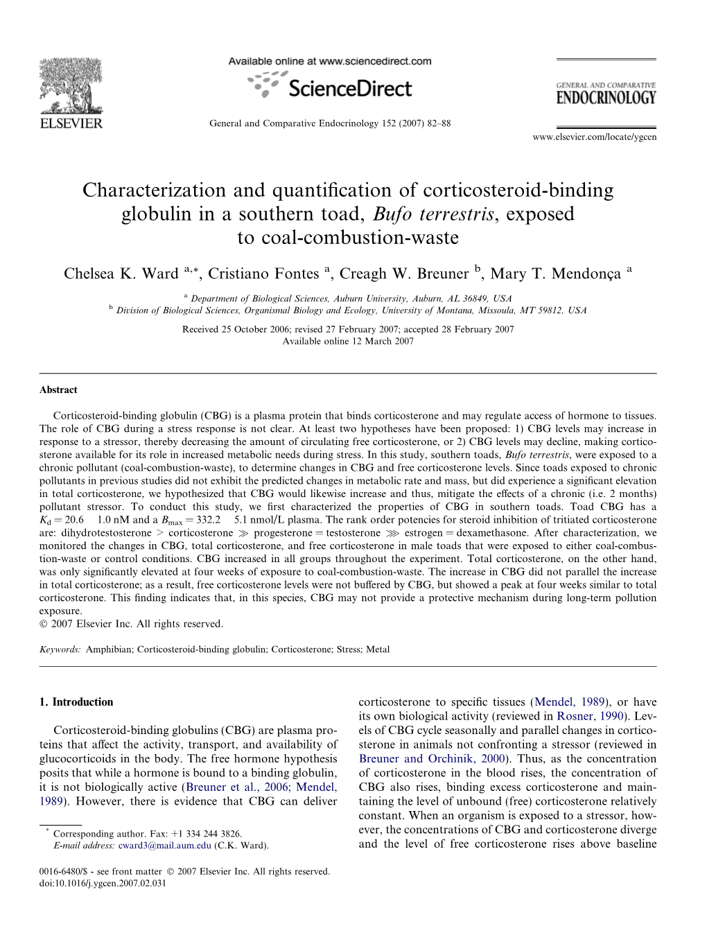 Characterization and Quantification of Corticosteroid-Binding Globulin in a Southern Toad, Bufo Terrestris, Exposed to Coal-Comb