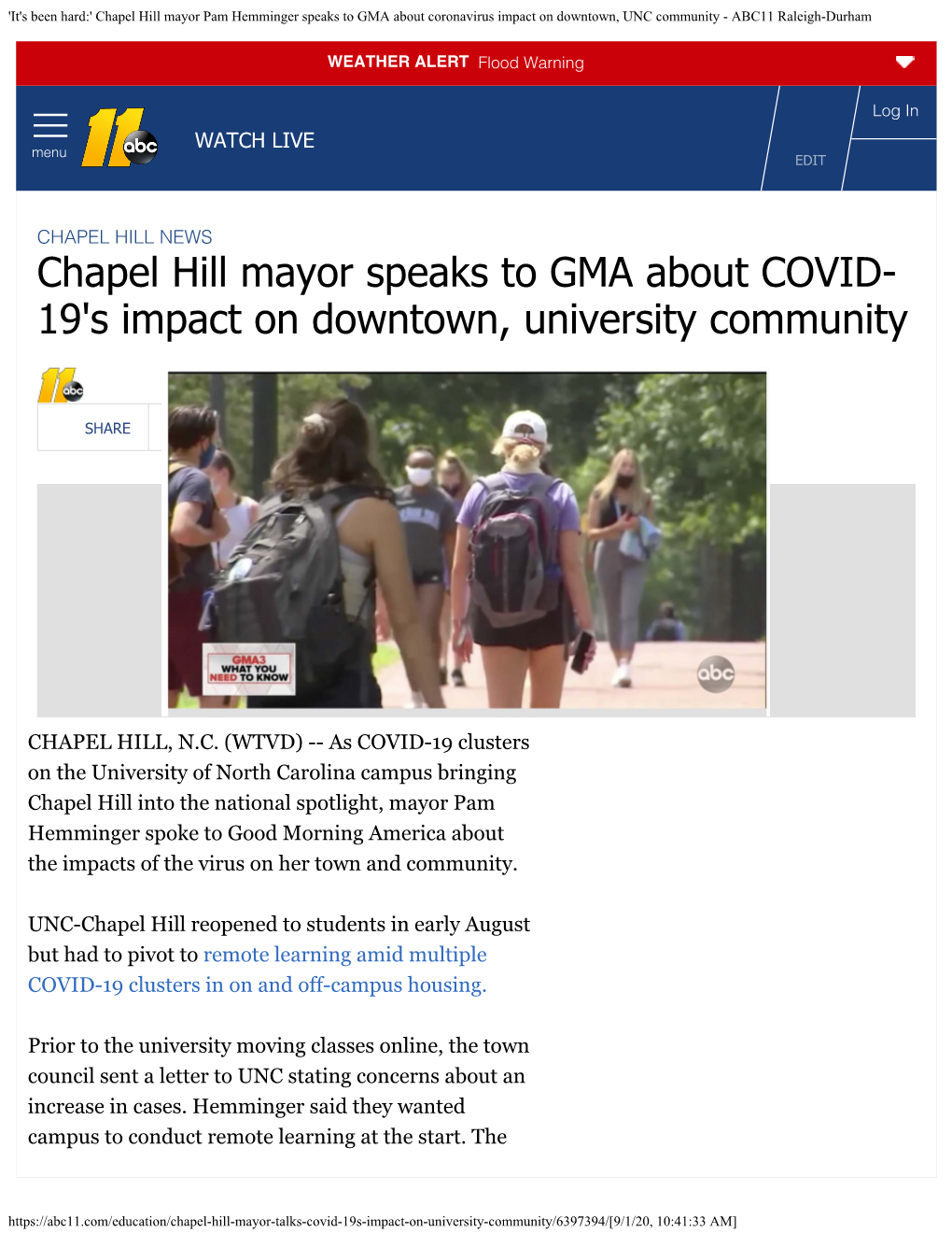 Chapel Hill Mayor Speaks to GMA About COVID- 19'S Impact on Downtown, University Community
