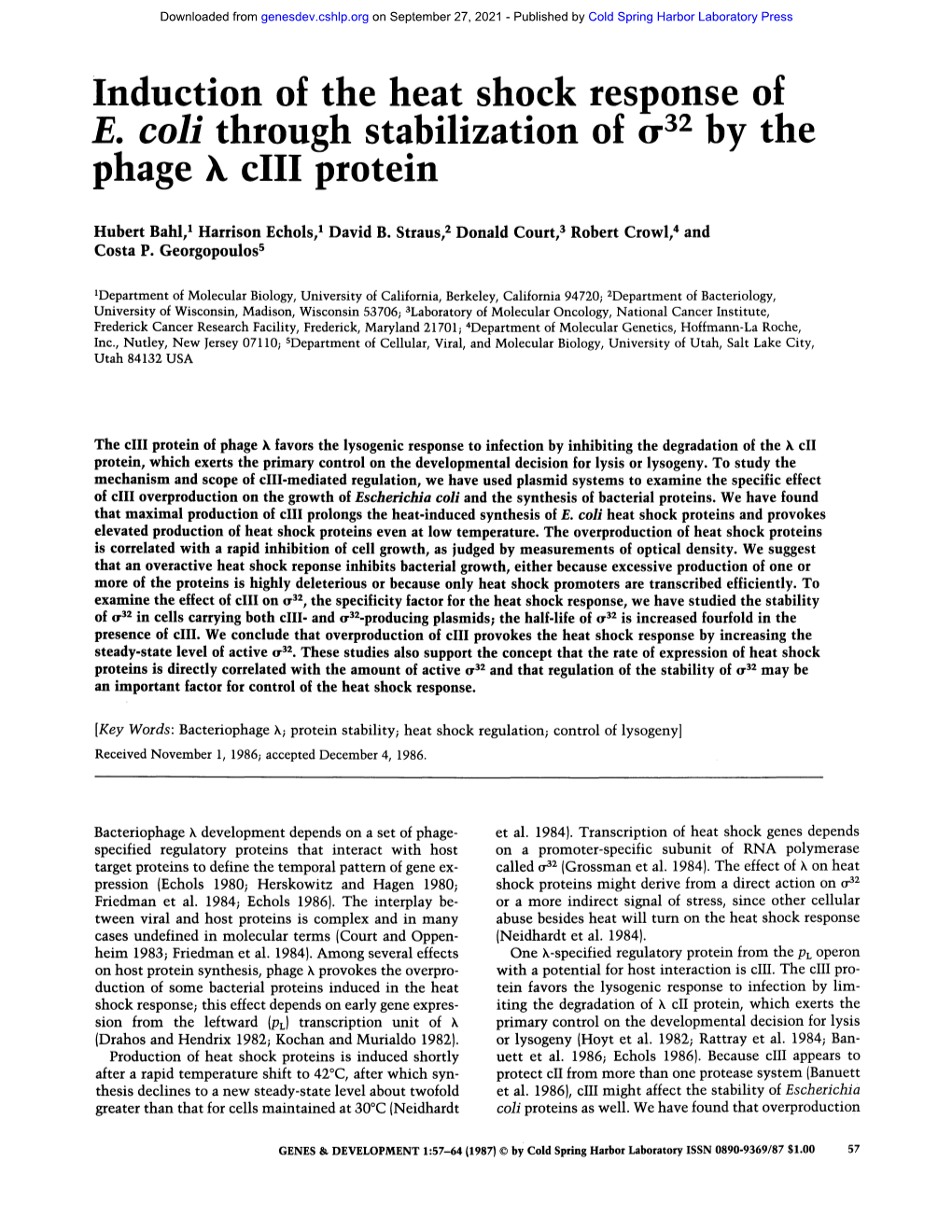 Induction of the Heat Shock Response of E. Coli Through Stabilization of ¢R32 by the Phage Ciii Protein