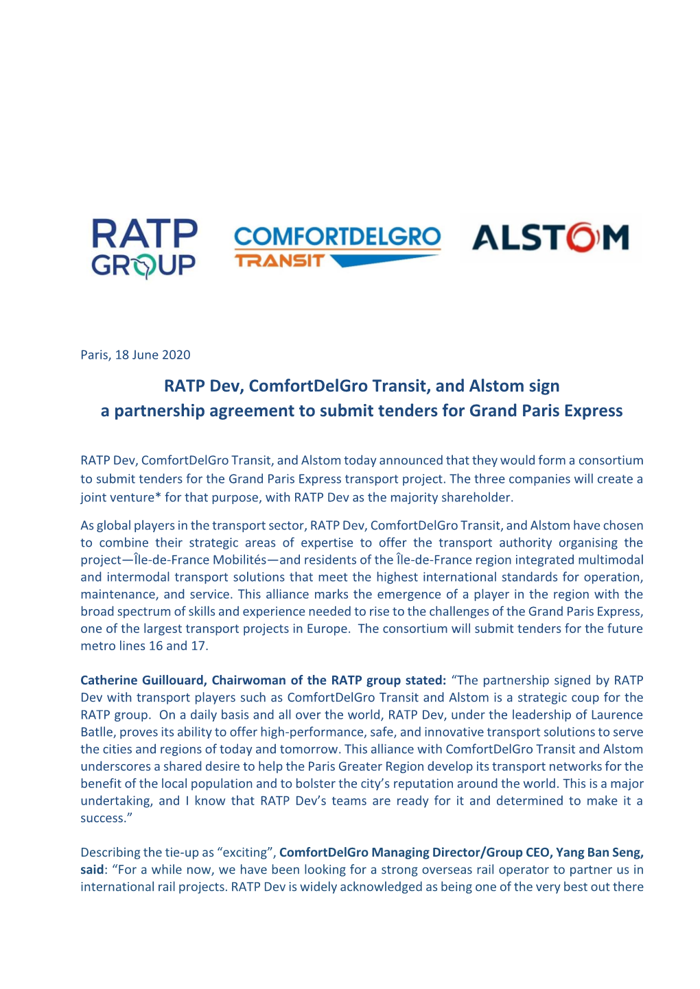 RATP Dev, Comfortdelgro Transit, and Alstom Sign a Partnership Agreement to Submit Tenders for Grand Paris Express