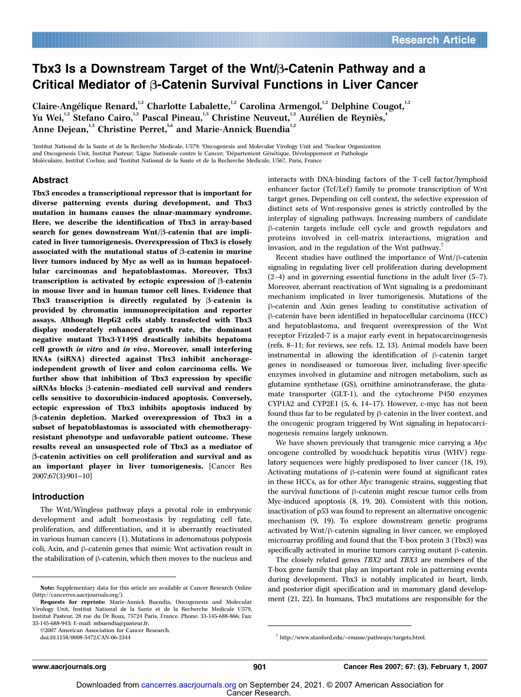 Tbx3 Is a Downstream Target of the Wnt/B-Catenin Pathway and a Critical Mediator of B-Catenin Survival Functions in Liver Cancer