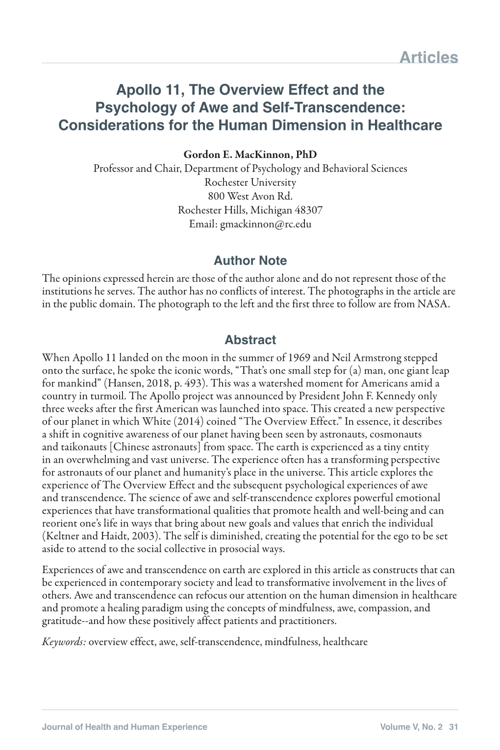 Apollo 11, the Overview Effect and the Psychology of Awe and Self-Transcendence: Considerations for the Human Dimension in Healthcare