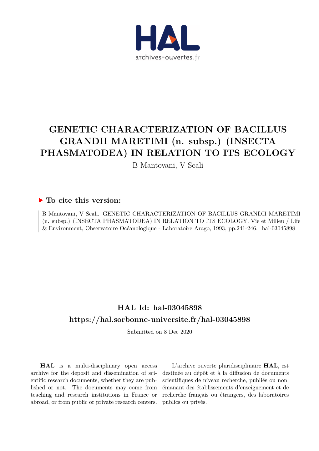 GENETIC CHARACTERIZATION of BACILLUS GRANDII MARETIMI (N