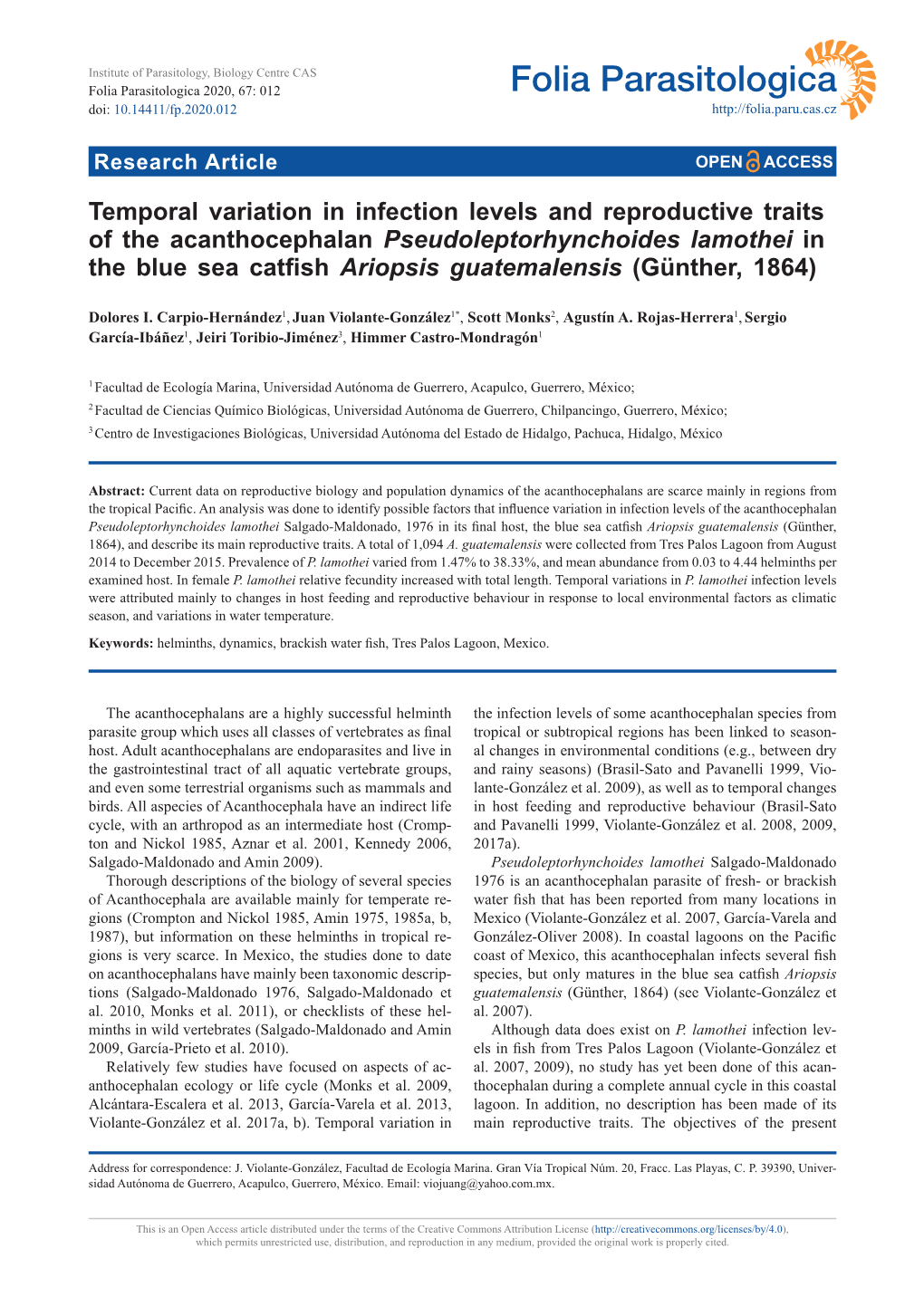 Temporal Variation in Infection Levels and Reproductive Traits of The