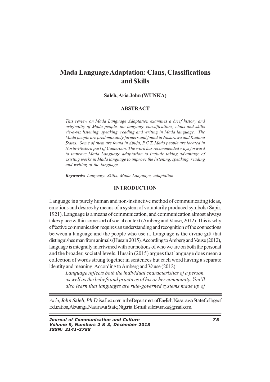 Mada Language Adaptation: Clans, Classifications and Skills
