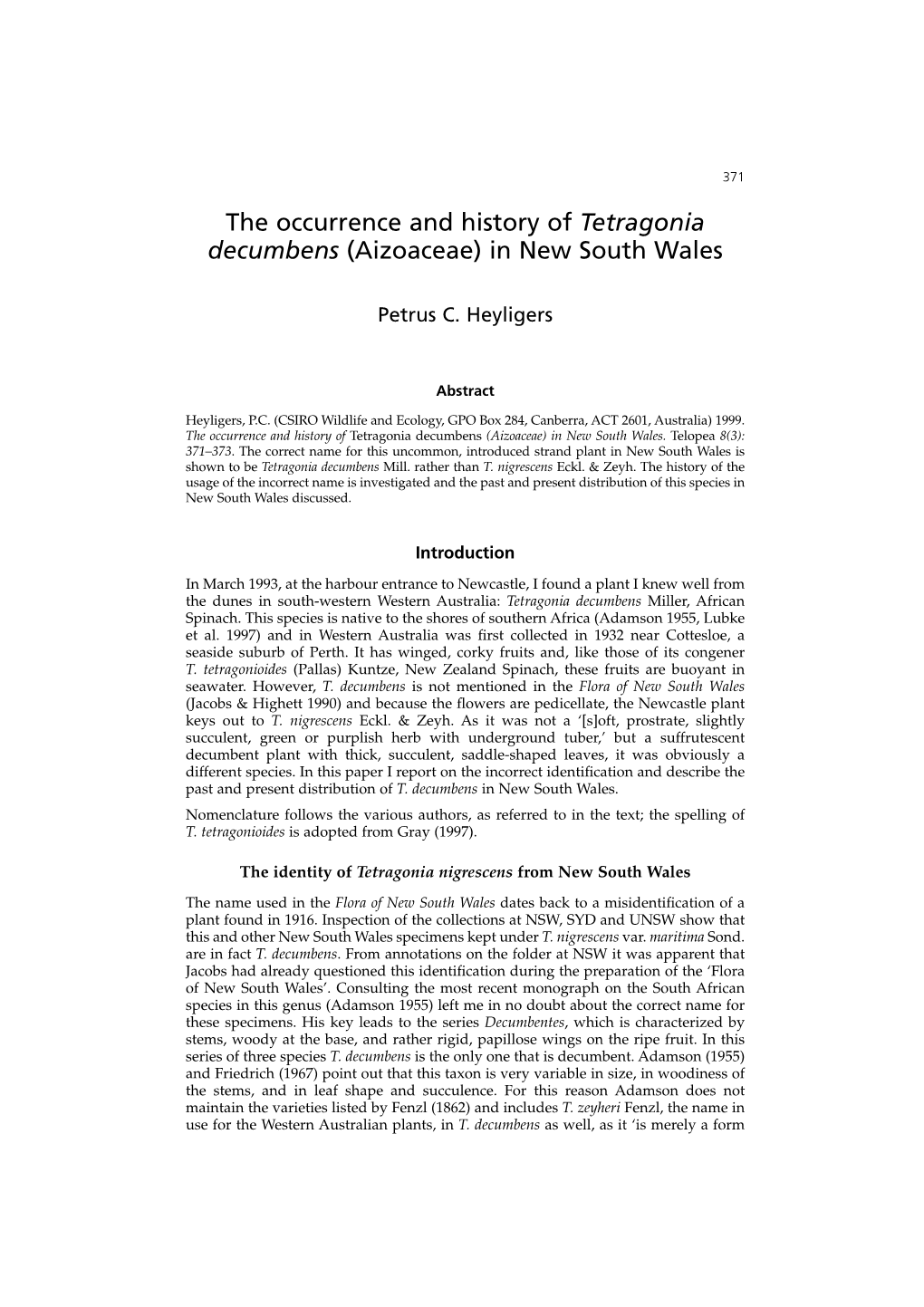 The Occurrence and History of Tetragonia Decumbens (Aizoaceae) in New South Wales