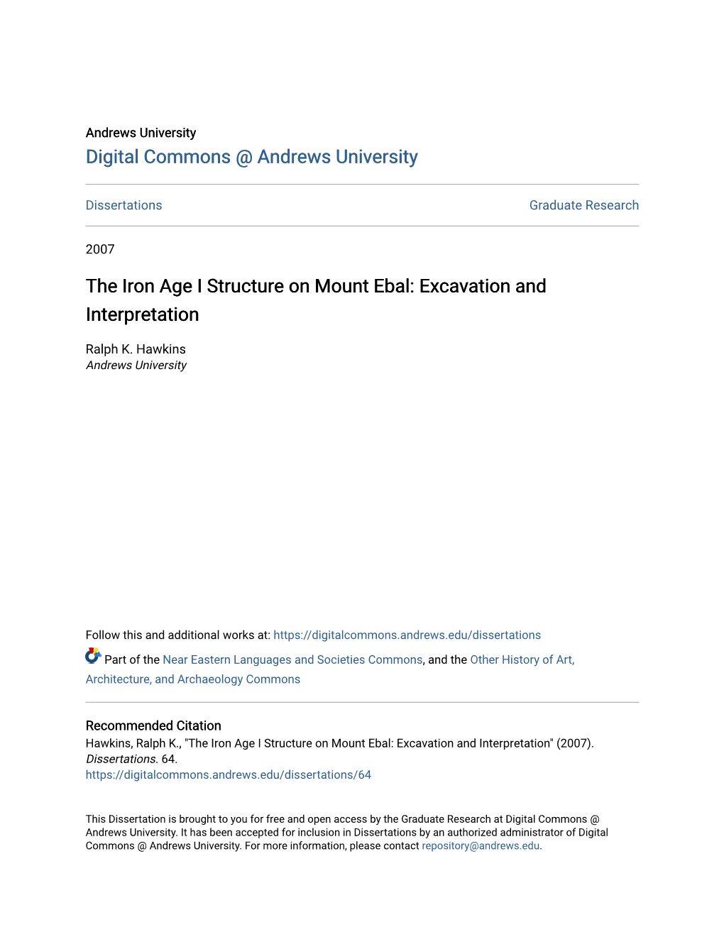 The Iron Age I Structure on Mount Ebal: Excavation and Interpretation