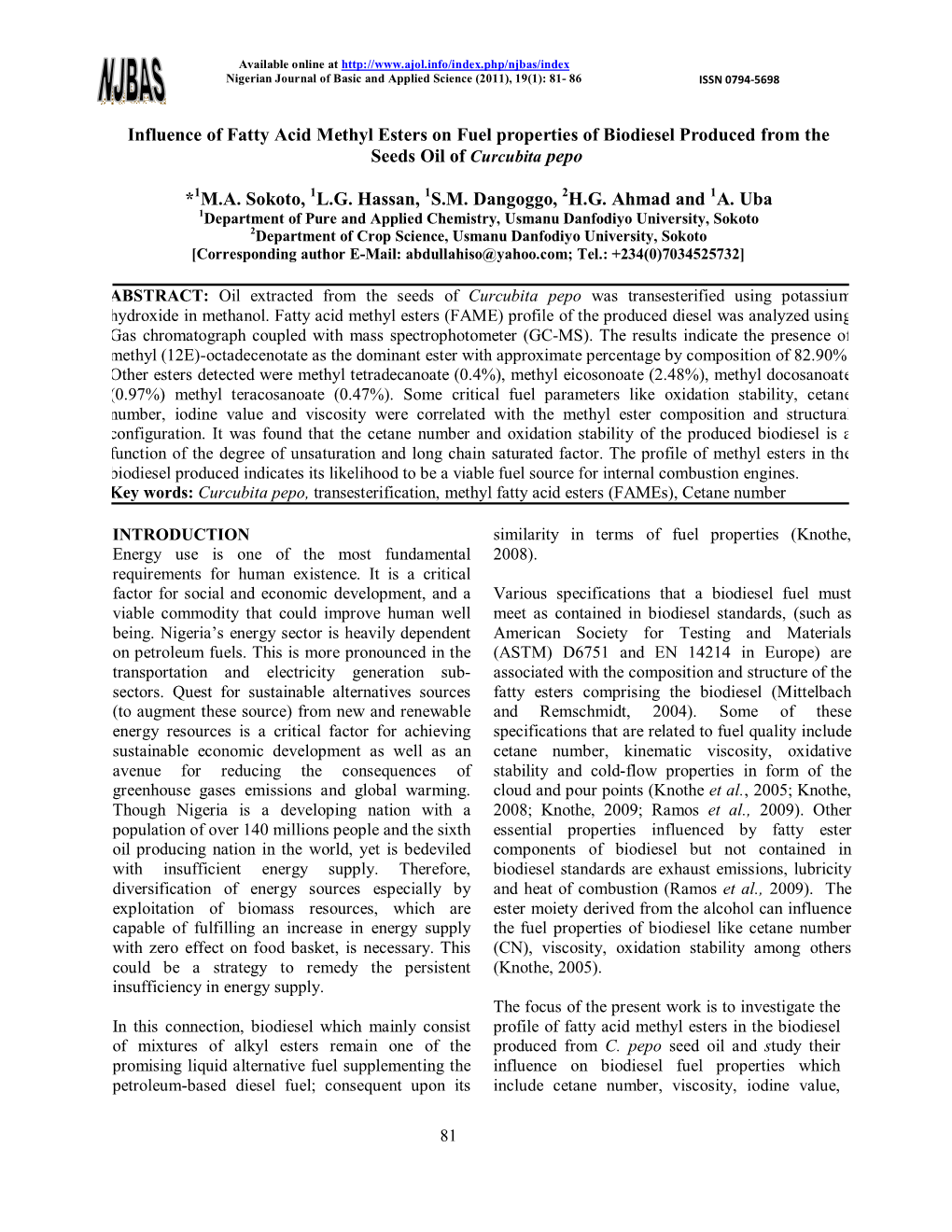 Influence of Fatty Acid Methyl Esters on Fuel Properties of Biodiesel Produced from the Seeds Oil of Curcubita Pepo