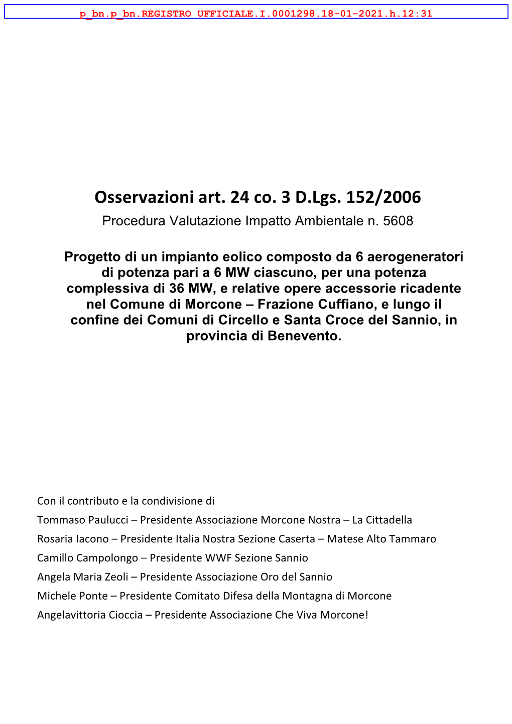 Osservazioni Art. 24 Co. 3 D.Lgs. 152/2006 Procedura Valutazione Impatto Ambientale N