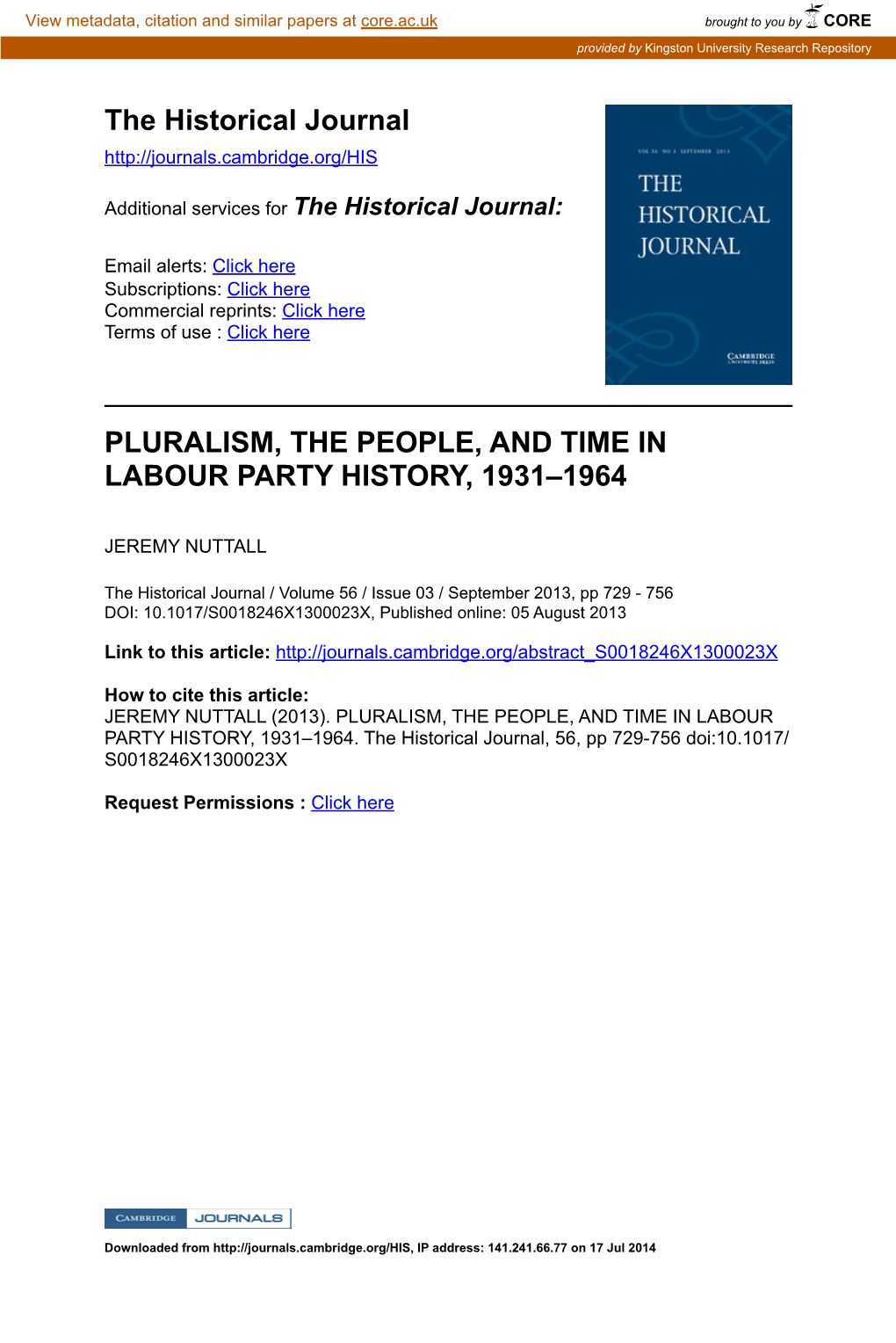 The Historical Journal PLURALISM, the PEOPLE, and TIME IN