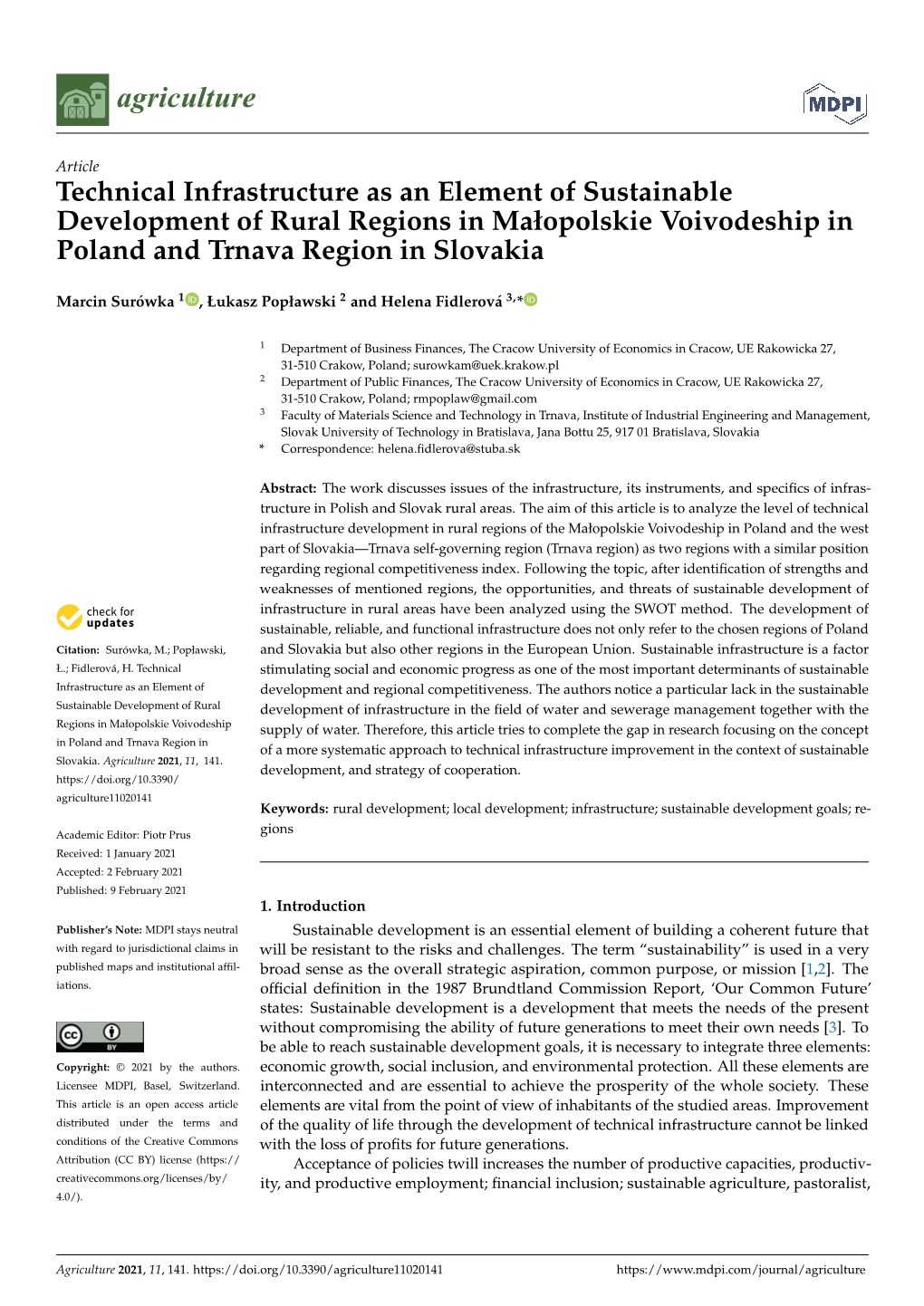 Technical Infrastructure As an Element of Sustainable Development of Rural Regions in Małopolskie Voivodeship in Poland and Trnava Region in Slovakia