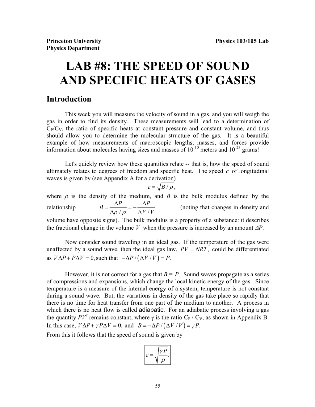 Lab #8: the Speed of Sound and Specific Heats of Gases