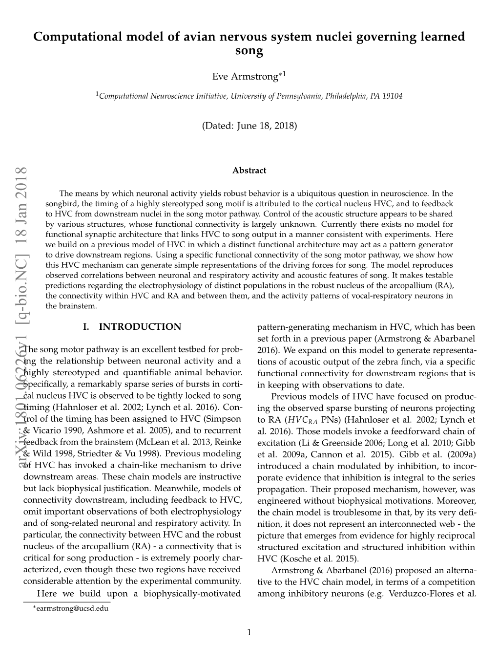 Arxiv:1801.06226V1 [Q-Bio.NC] 18 Jan 2018 HVC Has Invoked a Chain-Like Mechanism to Drive Introduced a Chain Modulated by Inhibition, to Incor- Downstream Areas