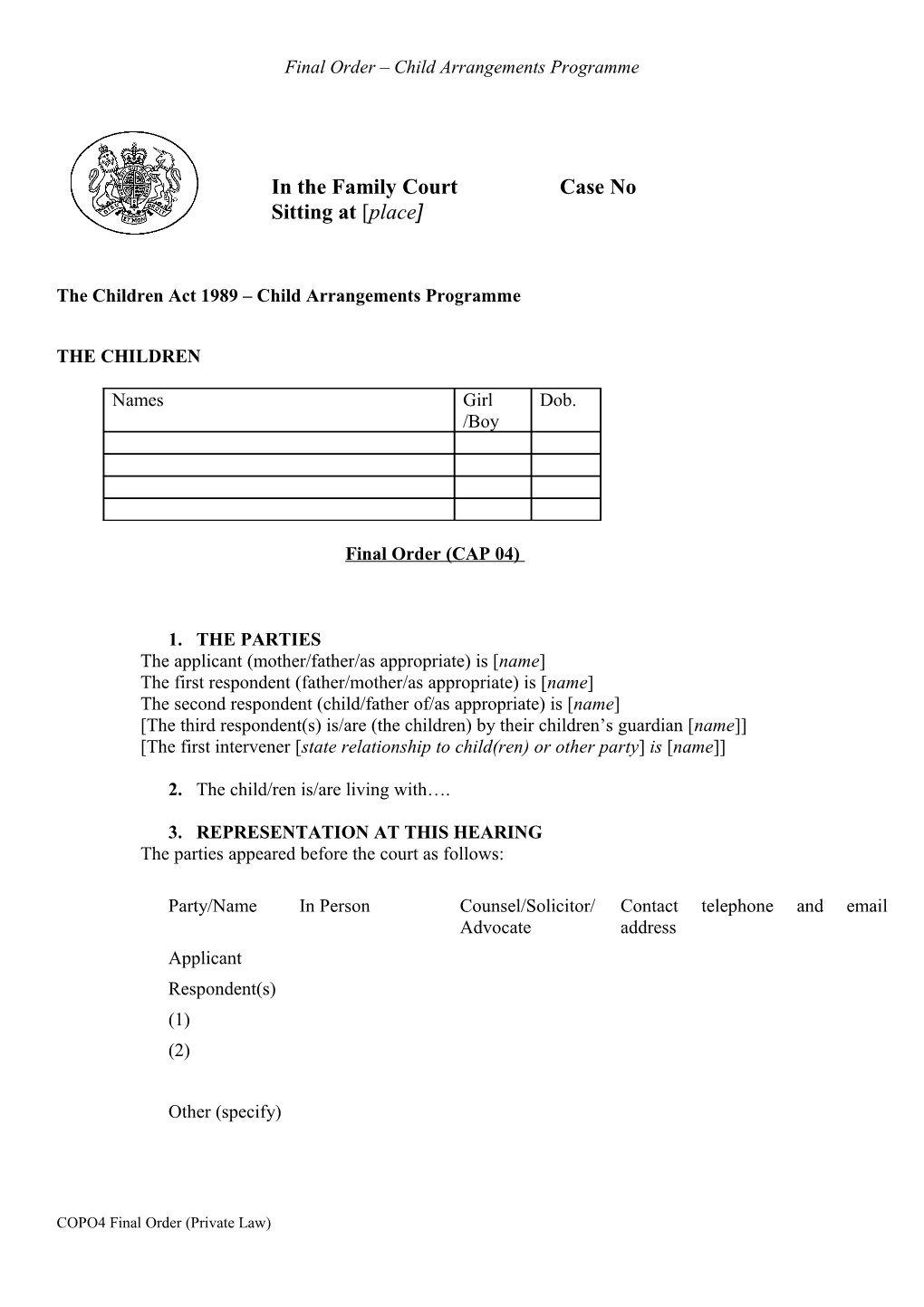 Final Order Child Arrangements Programme