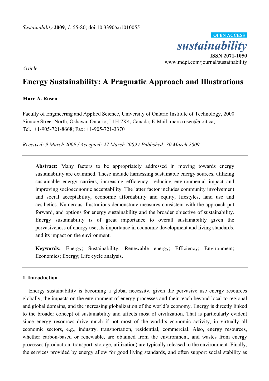 Energy Sustainability: a Pragmatic Approach and Illustrations