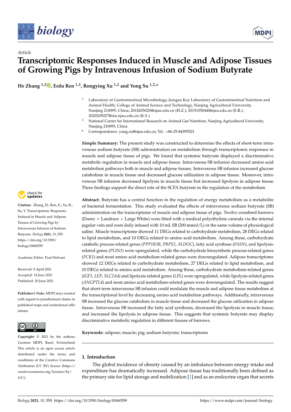 Transcriptomic Responses Induced in Muscle and Adipose Tissues of Growing Pigs by Intravenous Infusion of Sodium Butyrate