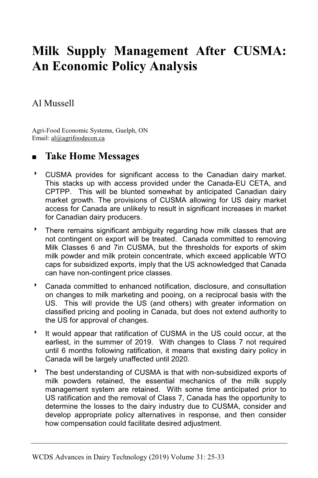 Milk Supply Management After CUSMA: an Economic Policy Analysis