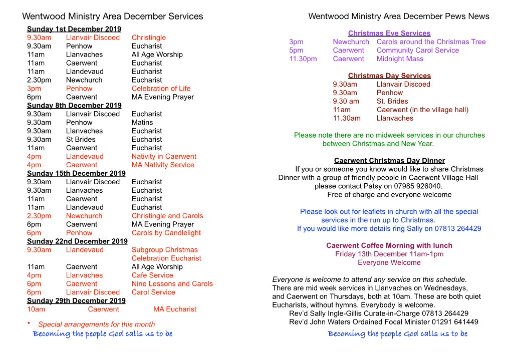 Wentwood Ministry Area December Services