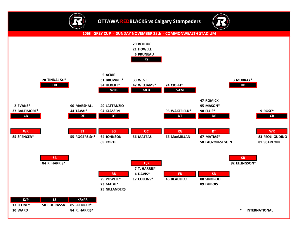 OTTAWA REDBLACKS Vs Calgary Stampeders