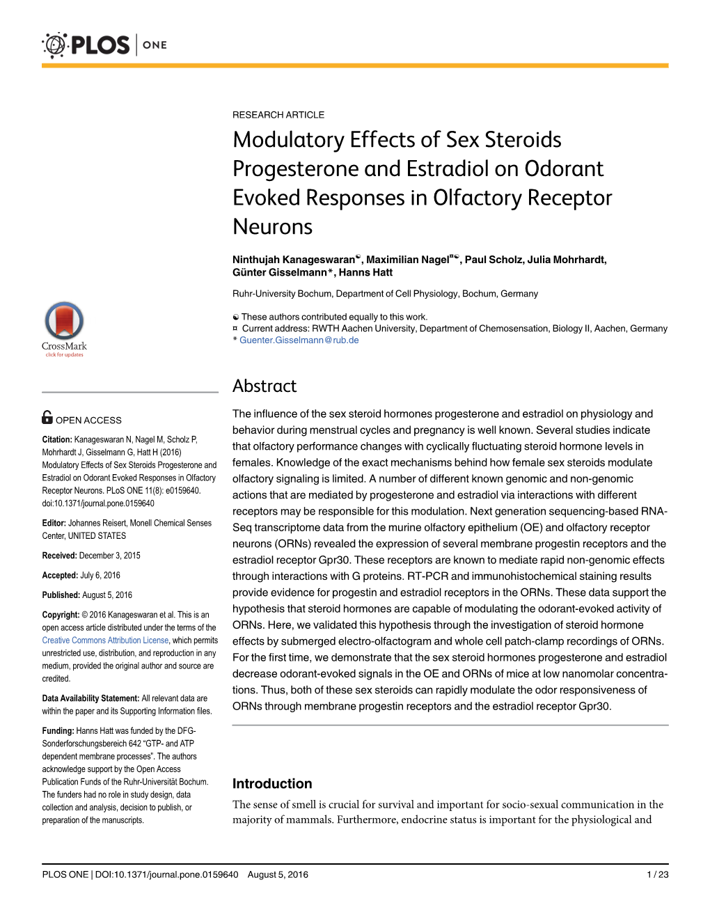 Modulatory Effects of Sex Steroids Progesterone and Estradiol on Odorant Evoked Responses in Olfactory Receptor Neurons