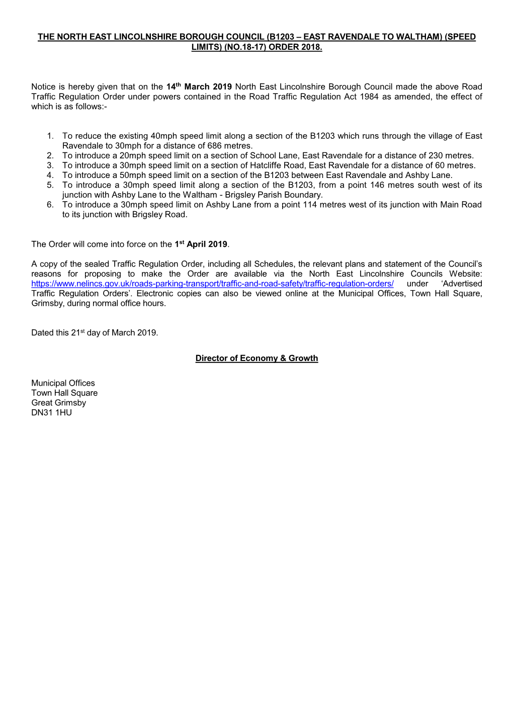 (B1203 – East Ravendale to Waltham) (Speed Limits) (No.18-17) Order 2018