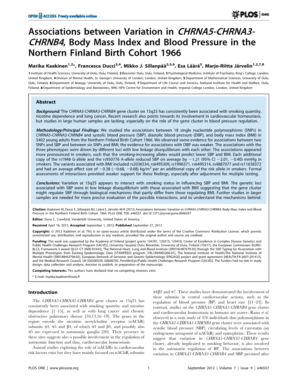 Associations Between Variation in CHRNA5-CHRNA3- CHRNB4, Body Mass Index and Blood Pressure in the Northern Finland Birth Cohort 1966