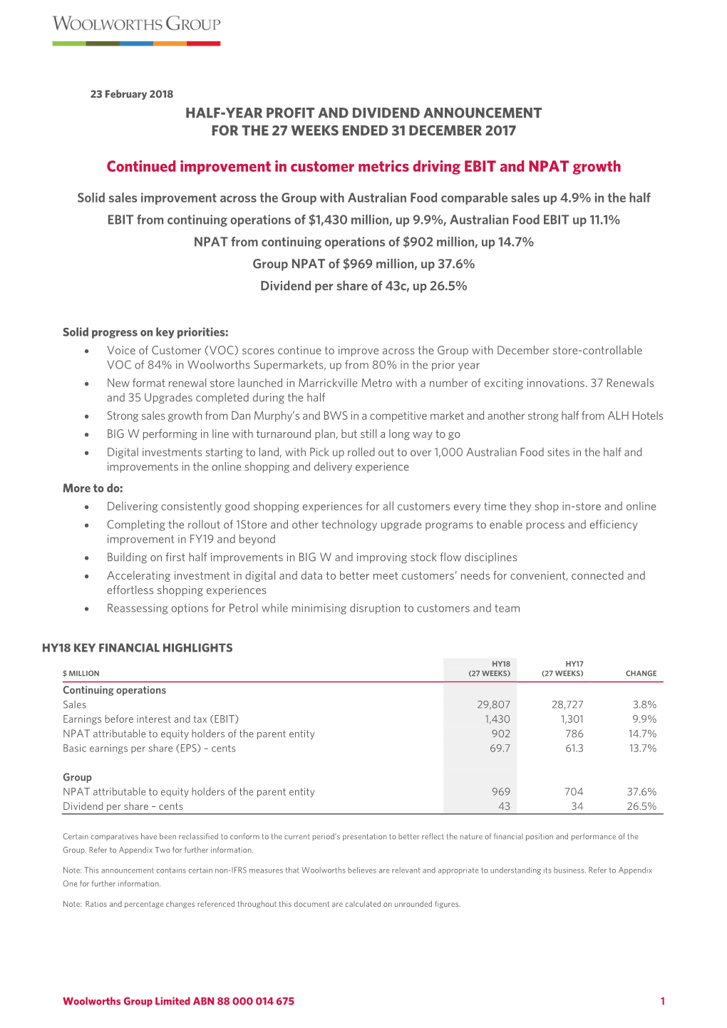 Continued Improvement in Customer Metrics Driving EBIT and NPAT Growth