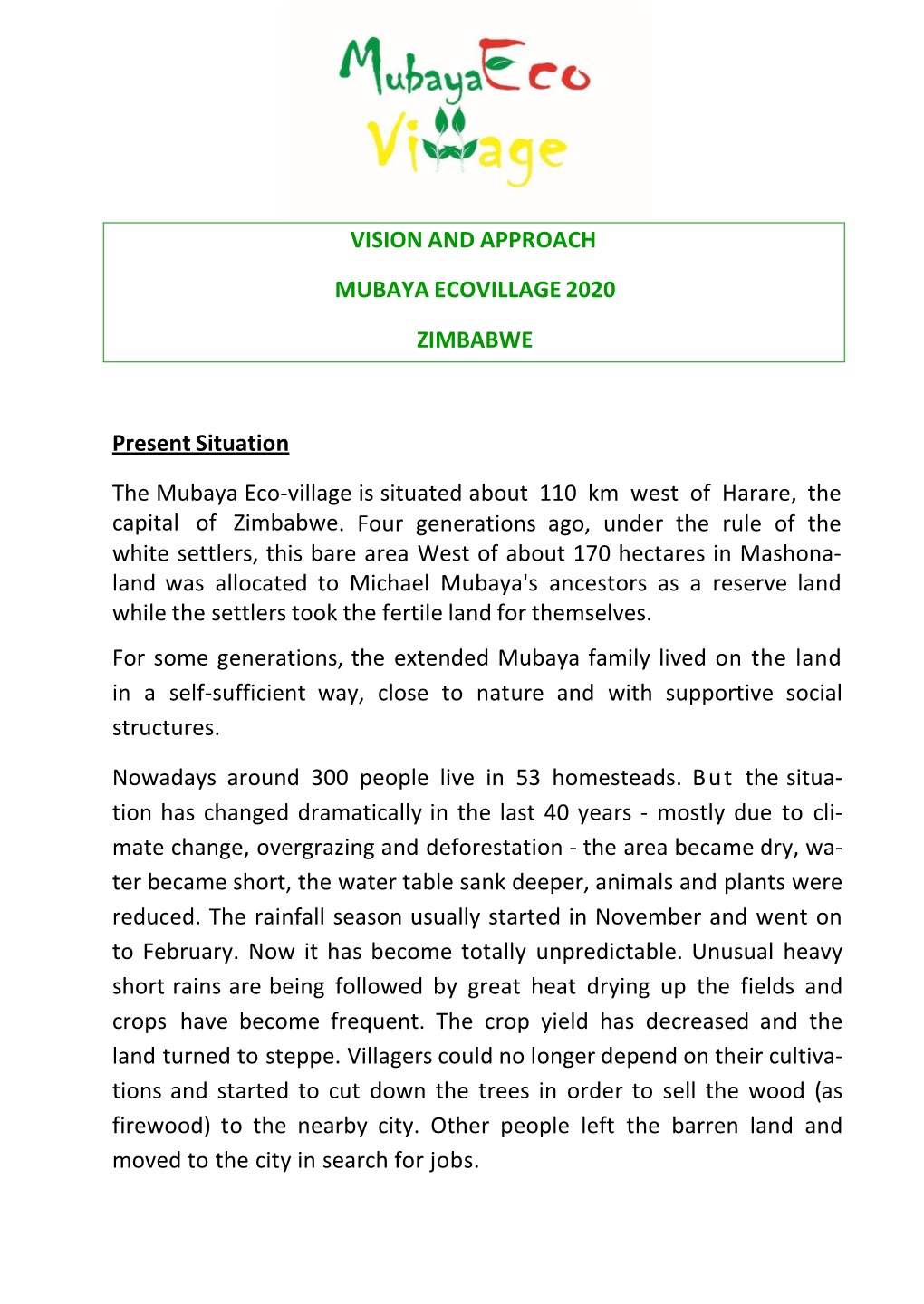 Vision and Approach Mubaya Ecovillage 2020 Zimbabwe