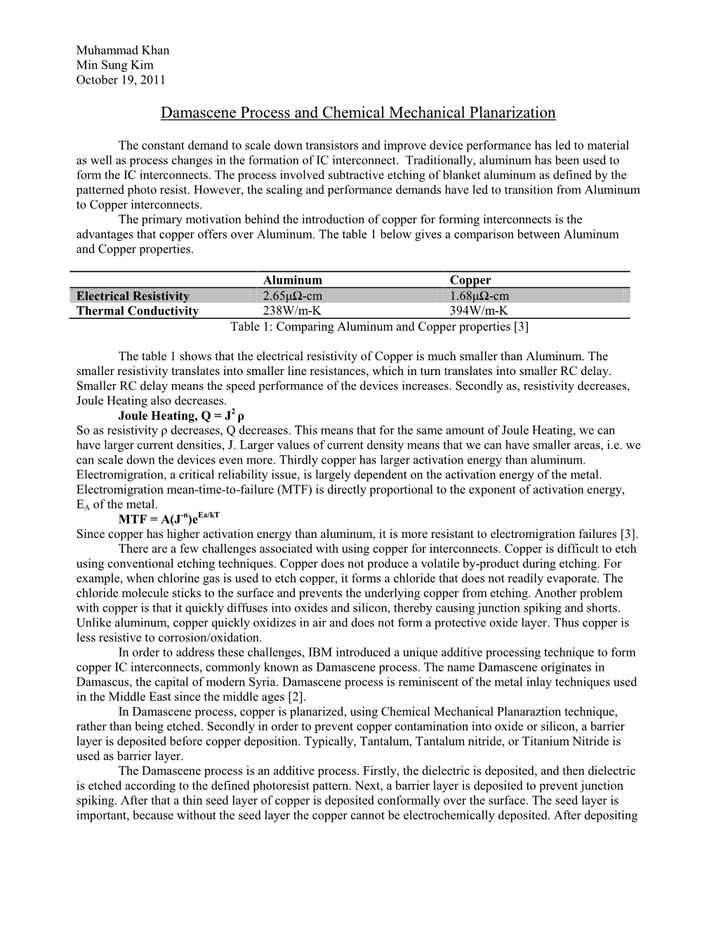 Damascene Process and Chemical Mechanical Planarization