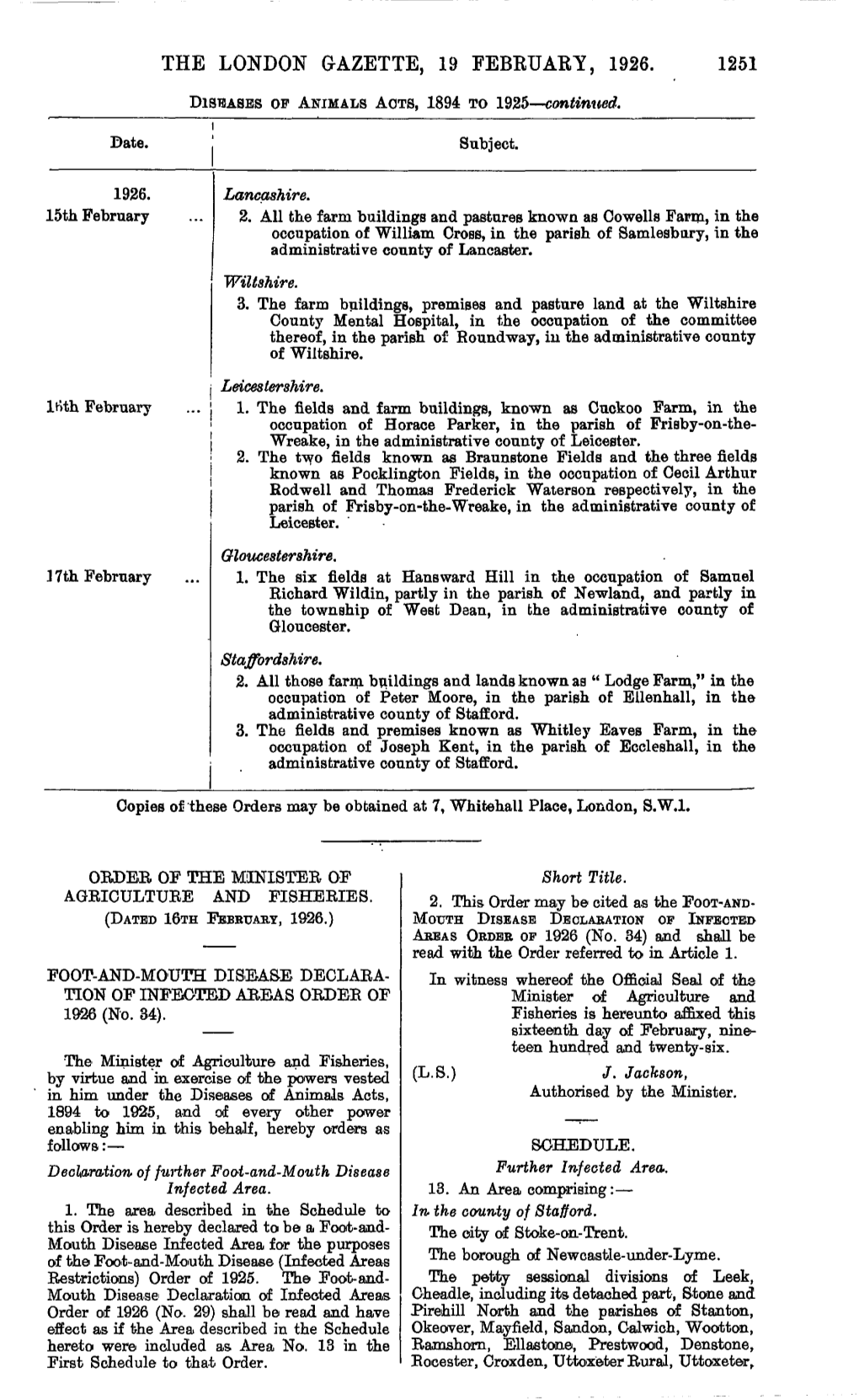 THE LONDON GAZETTE, 19 FEBRUARY, 1926. 1251 DISEASES of ANIMALS ACTS, 1894 to 1925—Continued