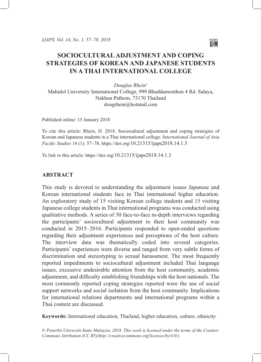 Sociocultural Adjustment and Coping Strategies of Korean and Japanese Students in a Thai International College