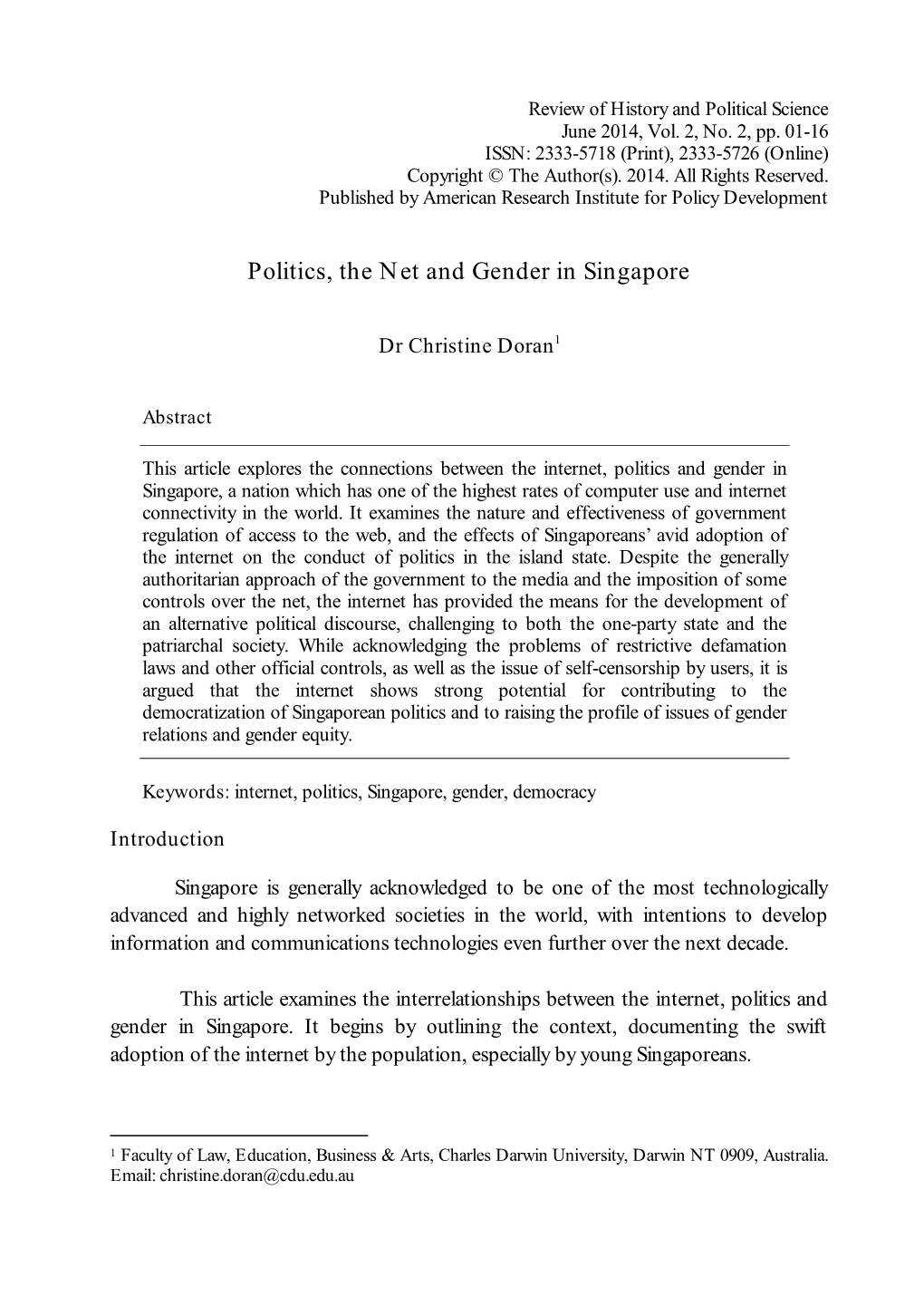 Politics, the Net and Gender in Singapore