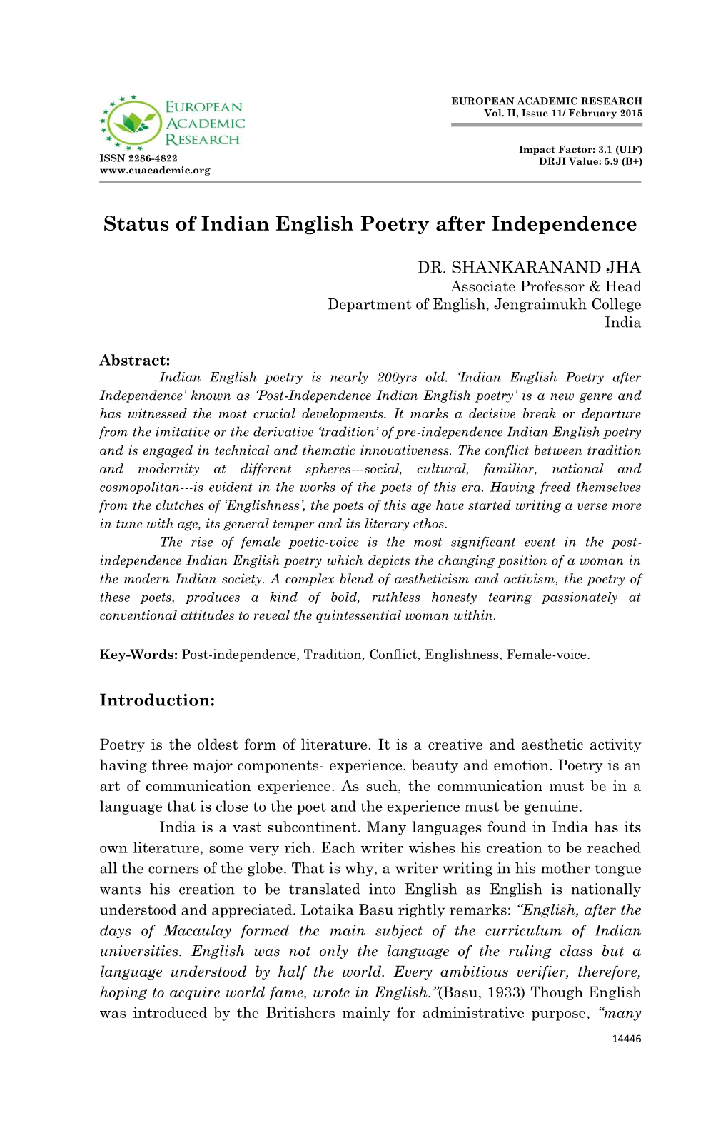 Status of Indian English Poetry After Independence